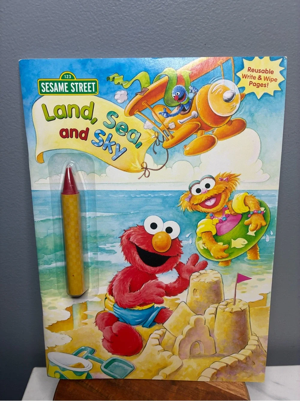 Sesame Street Land Sea and Sky 2002 Write & Wipe Book w/ Original Crayon